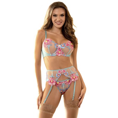 SUBBLIME - 954109 BRA + PANTIES WITH GARTER BELT FLORAL DESIGN