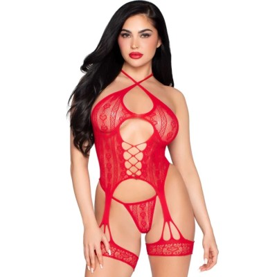 LEG AVENUE - 89338 LACE OPEN BODYSUIT WITH GARTER BELT + THONG