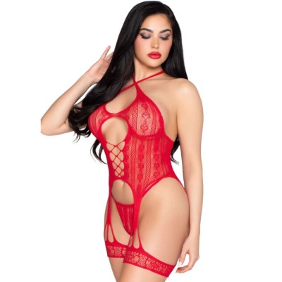 LEG AVENUE - 89338 LACE OPEN BODYSUIT WITH GARTER BELT + THONG