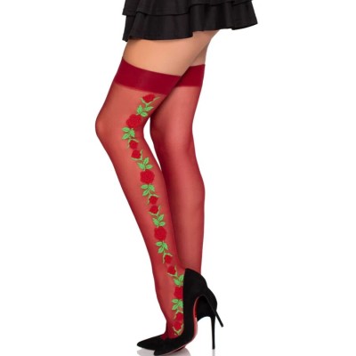 LEG AVENUE - 1957 GARTER BELT STOCKINGS WITH RED FLOWERS - ONE